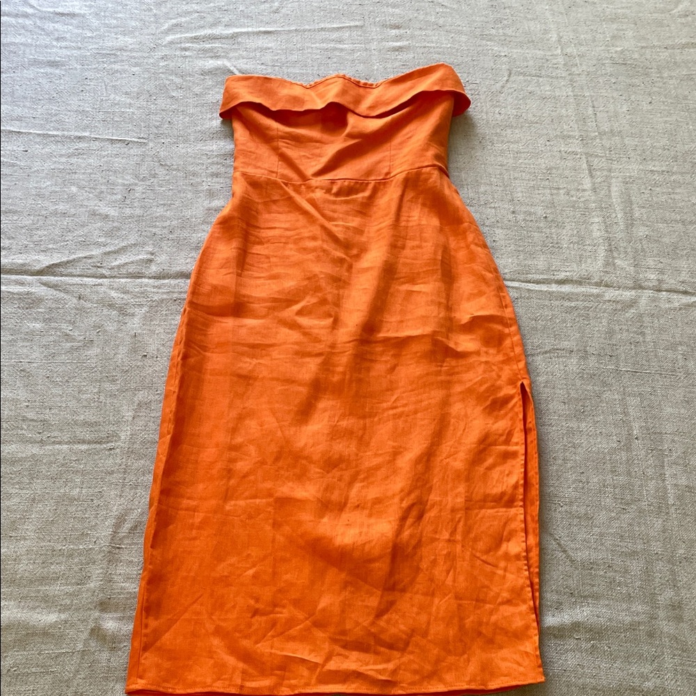 Reformation Strapless Orange Linen Blend Sheath Dress